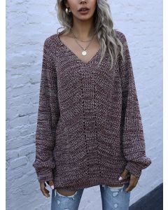Wine Red Crochet V-neck Long Sleeve Casual Oversize Pullover Sweater