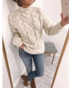 Weinroter Twist Crochet High Neck Langarm Casual Oversize Pullover Pullover