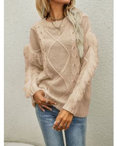 Apricot Crochet Tassel Round Neck Long Sleeve Casual Pullover Sweater