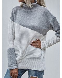 Light Grey Patchwork Crochet High Neck Long Sleeve Casual Pullover Sweater