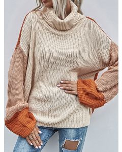 Apricot Patchwork Crochet High Neck Long Sleeve Casual Pullover Sweater