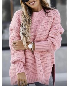 Pink Crochet Slits On Both Sides Round Neck Long Sleeve Casual Pullover Sweater