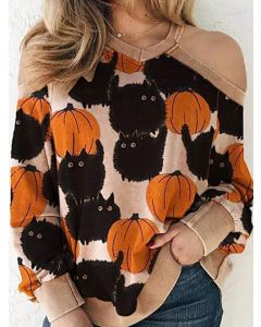 Brown Crochet Cat Halloween Pumpkin Pattern One-shoulder Round Neck Long Sleeve Casual Pullover Sweater