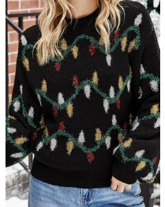Black Crochet Christmas Lights Pattern Round Neck Long Sleeve Casual Pullover Sweater