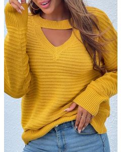 Yellow Crochet Irregular Round Neck Long Sleeve Casual Pullover Sweater
