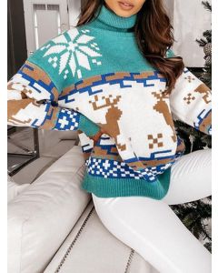 Green Jacquard Crochet Christmas Elk Pattern High Neck Long Sleeve Casual Pullover Sweater