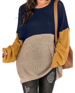 Royal Blue Patchwork Color Block Crochet Round Neck Long Sleeve Fashion Oversize Pullover Sweater