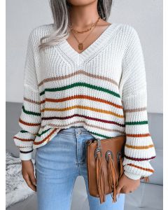 White Rainbow Striped V-neck Long Sleeve Fashion Oversize Pullover Sweater