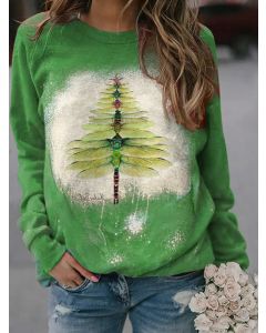 Green Tie Dye Print Round Neck Long Sleeve Casual Christmas Sweatshirt