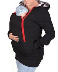 Black Zipper Pockets Multi-Functional Kangaroo Baby Bags Hooded Casual Maternity Sweatshirt