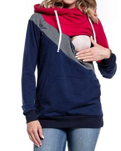 Red Patchwork Color Block Pockets Drawstring Multi-Functional Breast Feeding Hooded Casual Maternity Nursing Sweatshirt