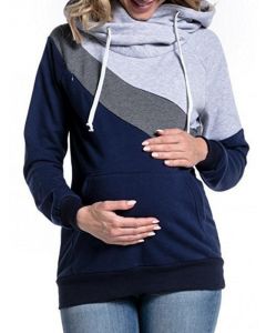 Light Grey Patchwork Color Block Pockets Drawstring Multi-Functional Breast Feeding Hooded Casual Maternity Nursing Sweatshirt