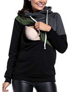 Dunkelgrünes Patchwork-Farbblock-Taschen Kordelzug Multifunktionales stillendes Still-Sweatshirt mit Kapuze und lässiger Umstandsmode