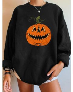 Sweat-shirt imprimé citrouille d'halloween de dessin animé col rond manches longues décontracté noir