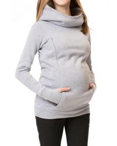 Light Grey Pockets Zipper Multi-Functional Breast Feeding Hooded Casual Plus Size Maternity Nursing Sweatshirt