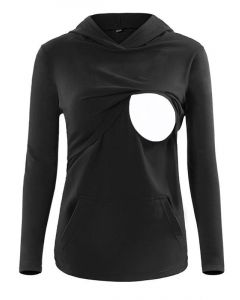 Black Multi-Functional Breast Feeding Hooded Long Sleeve Casual Maternity Nursing Sweatshirt