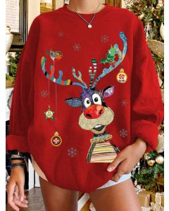 Red Christmas Elk Print Round Neck Long Sleeve Cute Sweatshirt