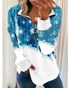 Blue Christmas Snowflake Print Zipper Turndown Collar Long Sleeve Sweet Sweatshirt