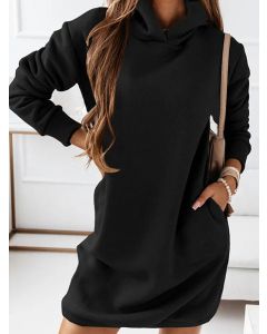 Black Pockets Hooded Long Sleeve Fashion Mini Sweatshirt Dress