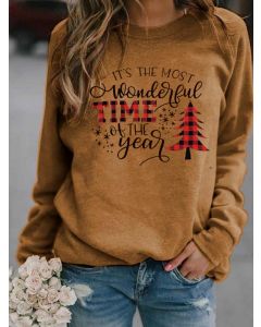 Khaki Letter Christmas Tree Print Round Neck Long Sleeve Casual Sweatshirt