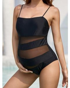Black Patchwork Grenadine Condole Belt Off Shoulder One Piece Sleeveless Fashion Maternity Swimwear