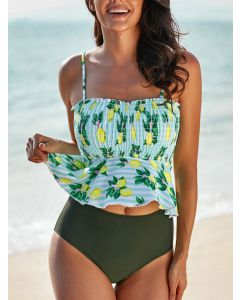 Green Floral Condole Belt Bandeau Two Piece Off Shoulder Sleeveless Sweet Maternity Swimwear