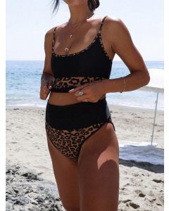 Black Leopard Condole Belt Two Piece Off Shoulder Sleeveless Fashion Maternity Swimwear