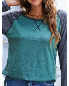 Green Patchwork Slits On Both Sides Round Neck Long Sleeve Casual T-Shirt