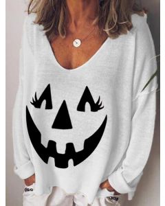 White Halloween Pumpkin Print V-neck Long Sleeve Casual Plus Size T-Shirt