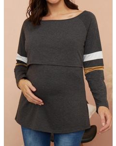 Dark Grey Patchwork Striped Multi-Functional Breast Feeding Round Neck Long Sleeve Casual Maternity Nursing T-Shirt