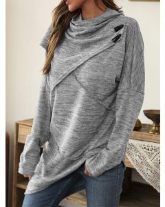Jersey botones crochet cuello alto manga larga casual tallas grandes gris