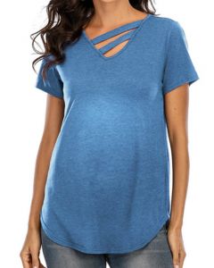 T-shirt col en V confortable irrégulier manches courtes maternité décontractée bleu