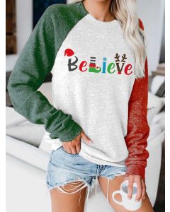 White Patchwork Letter Christmas Print Round Neck Long Sleeve Casual T-Shirt