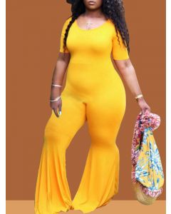 Yellow Ruffle Comfy Short Sleeve Fashion Plus Size Maternity Long Jumpsuit