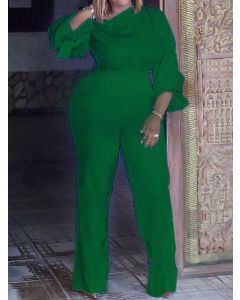 Green Bow One-shoulder Long Sleeve High Waisted Fashion Plus Size Long Jumpsuit
