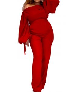 Red Bow One-Shoulder Langarm High Waisted Fashion Plus Size Long Jumpsuit