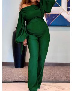 Green Bow One-shoulder Long Sleeve High Waisted Fashion Plus Size Long Jumpsuit