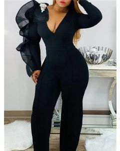 Black Patchwork Ruffle Grenadine V-neck Long Sleeve Fashion Plus Size Long Jumpsuit