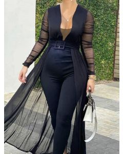 Black Patchwork Grenadine Belt Flowy Deep V-neck High Waisted Fashion Maternity Jumpsuit