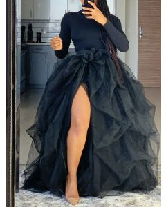 Black Grenadine Cascading Ruffle Irregular Slit Tulle Knee Length Fashion Skirt