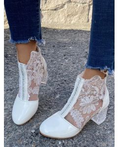 White Round Toe Chunky Embroidery Rhinestone Zipper Fashion Ankle Boots