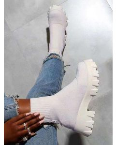 White Crochet Round Toe Chunky Fashion Sock Boots