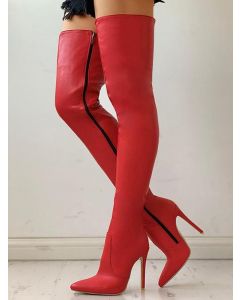 Botas punta puntiaguda cremallera de aguja moda sobre la rodilla rojo.