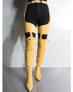 Yellow Point Toe High Heels Chunky Zipper Belt Buckle Fashion Over-The-Knee Boots