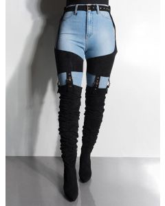 Black Point Toe Chunky Belt Buckle Irregular Fashion Over-The-Knee Boots