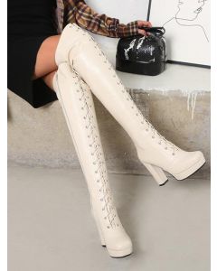 White Square Toe High Heels Chunky Zipper Lace-up Fashion Over-The-Knee Boots