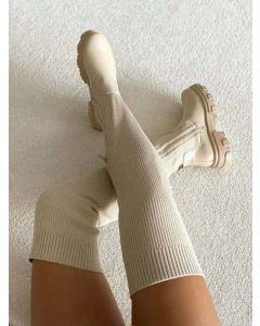 Stivali calzino sopra il ginocchio moda cerniera grossa punta tonda beige