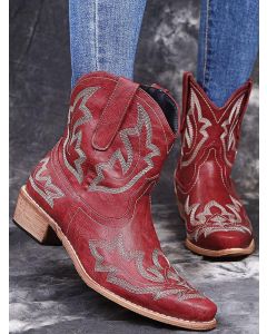 Wine Red Point Toe Chunky Embroidery Fashion Ankle Western Boots