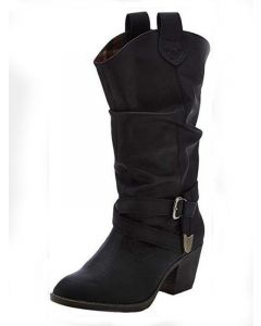 Black Round Toe Chunky Fashion Mid-Calf Western Boots