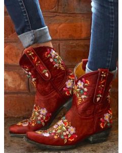 Red Square Toe Chunky Embroidery Vintage Ankle Boots